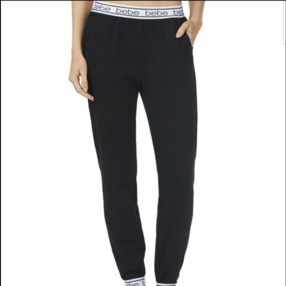 Bebe 2PC Logo Tape set Top and Jogger Bottoms Black White Small - Picture 5 of 7